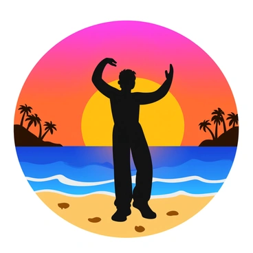 A person is silhouetted against a vibrant sunset, with shades of orange, pink, and purple spreading across the sky. The figure stands on a sandy beach, with the waves gently lapping at the shore. The person is captured mid-motion, performing arm circles, with their arms extending outward. The sunlight casts a warm glow around the edges of the silhouette, contrasting with the colorful backdrop. The beach has a few scattered seashells, and distant palm trees can be seen framing the sides of the image.