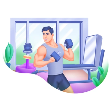 A muscular man performing a bicep curl with dumbbells in a modern fitness studio. He has short black hair and is wearing a fitted gray tank top and black shorts. The gym features large windows allowing natural light to flood in, with bright green plants placed in the corners. Various gym equipment, including a bench press and weight rack, is visible in the background, along with a mirror reflecting the man's focused expression. The floor is polished wood, enhancing the clean, contemporary environment.