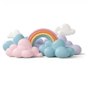 A sky filled with fluffy clouds in various colors such as pink, blue, yellow, and lavender. The clouds are soft and puffy, casting gentle shadows on the blue sky. A vibrant rainbow arches across the sky, showcasing bright red, orange, yellow, green, blue, indigo, and violet bands. The scene is set during the day, with sunlight illuminating the clouds, creating a cheerful and bright atmosphere.