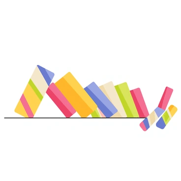 A large, colorful domino in the center of the image is tilting to the side, suggesting it is about to fall. Surrounding the giant domino are several smaller, vibrant dominoes lined up in a row. The smaller dominoes are in various stages of falling, some are upright, while others are at an angle, creating a dynamic chain reaction effect. The scene captures the motion and energy of the falling dominoes, with a few dominoes already toppling over, showing their colorful patterns.