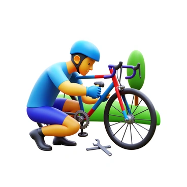 A cyclist wearing a helmet and cycling gloves is crouched down beside a bicycle. The cyclist is closely inspecting the gears and chain of the bike, with a focused expression. The bicycle is a modern road bike with thin tires and a colorful frame. The tools used for the inspection, such as a small wrench and a brush, are placed nearby. The background features a scenic park with green grass and a few trees.