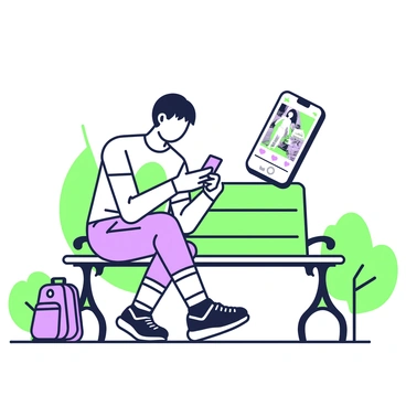 A person is sitting alone on a bench in a park, looking down at their phone with a focused expression. They have short hair and wear a casual t-shirt and jeans. The background features green trees and a few benches. On the phone screen, there are bright images of glamorous photos, including fashion models and luxurious settings. The person's eyebrows are slightly furrowed, indicating envy as they scroll through the social media feed. Beside them, a small backpack rests on the ground.
