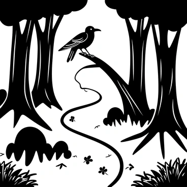 A raven perched on a moss-covered branch, its wings slightly spread as if ready to take flight. Below, a winding path through a dense, ancient forest is visible, lined with towering trees whose trunks are thick and gnarled. Wisps of mist weave through the underbrush, partially obscuring the ground. The raven is facing forward, leading the way, while leaves and small branches scatter along the path, adding to the sense of an untouched wilderness. In the background, shadows of more trees loom, creating a feeling of depth and mystery in the scene.