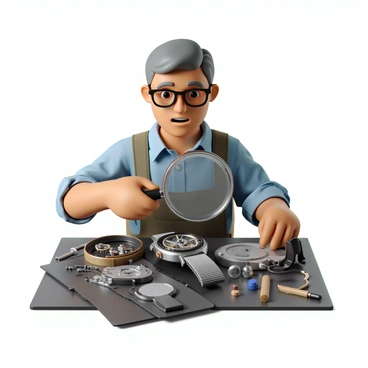 A watchmaker with a focused expression, wearing glasses, is seated at a well-organized workbench. He has short, gray hair and is dressed in a light blue shirt with rolled-up sleeves. In front of him is a luxury wristwatch, partially assembled, showcasing intricate gears and polished components. A large magnifying glass is held in one hand, positioned directly over the watch, allowing for detailed inspection. The workbench is cluttered with small tools, screws, and watchmaking materials, contributing to the industrious atmosphere. Soft lighting illuminates the scene, highlighting the craftsmanship involved in creating the luxurious timepiece.