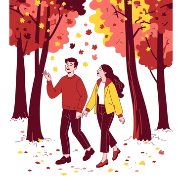 A couple walking through a forest of colorful autumn leaves, playfully tossing leaves at each other.