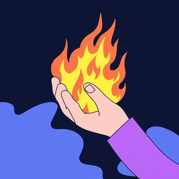 A hand engulfed in bright orange and yellow flames. The flames flicker and dance around the fingers, casting a warm glow. The background is a darkened landscape with deep shadows, highlighting the contrast between the fiery hand and the surrounding darkness. The atmosphere is dramatic, emphasizing the vivid colors of the flames against the muted tones of the landscape.
