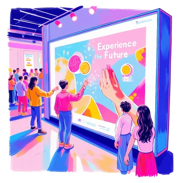 A 3D display is positioned prominently in a modern environment. The display features an interactive advertisement that is vibrant and engaging. There are various touch-sensitive areas on the screen, each illuminated to indicate interactivity. A diverse group of people is gathered around the display, actively reaching out to touch the different sections. The advertisement showcases a colorful product with clear images and bold text reading "Experience the Future." Bright lights and reflections enhance the overall appeal of the display.