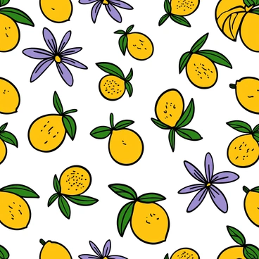 A repeating pattern of vibrant yellow passion fruits and delicate purple passion flowers on a soft fabric background. The passion fruits are depicted in various sizes, showcasing their textured skin and green leaves. The passion flowers are illustrated with intricate details, featuring their unique filaments and surrounding leaves. The overall arrangement creates a harmonious and lively design that captures the essence of tropical beauty.