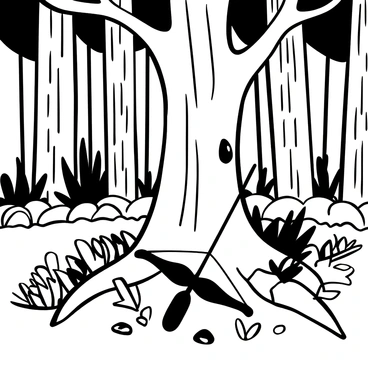 A scenic view of a crossbow leaning against a tree in a serene wilderness.