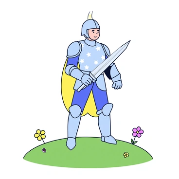 A knight standing on a hilltop, clad in armor that radiates a soft, glowing light. The armor is intricately designed with armor plates that shimmer like stars. The knight holds a sword, which also emits a gentle glow, pointing slightly downward. The hilltop is grassy with a few scattered wildflowers, and a clear sky is visible above.