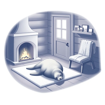 A seal pup lying comfortably on a soft, plush rug. The pup is nestled near a warm fireplace that emits soft flickering light and subtle shadows, enhancing the cozy atmosphere of the cabin. The walls of the cabin are made of wooden logs, and various decorations, such as a few framed photographs and a small bookshelf, can be seen in the background. A knitted blanket is casually draped over a nearby chair, and the overall scene suggests warmth and comfort.