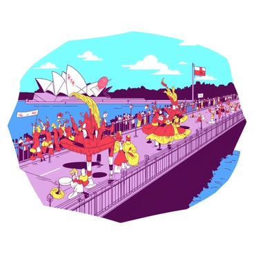 A vibrant scene of a festive parade taking place on the deck of the Sydney Harbour Bridge. Colorful floats decorated with bright flowers and streamers are moving along the bridge. Groups of performers in matching costumes, featuring a mix of red and yellow, are dancing and entertaining the crowd. Spectators line the sides of the bridge, waving flags and cheering with excitement. In the background, iconic views of the Sydney Opera House can be seen under a clear blue sky. The atmosphere is lively and full of energy, capturing the spirit of celebration.