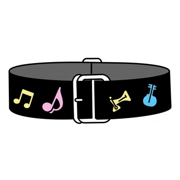 A dog collar made of black fabric, adorned with colorful musical notes printed in various sizes. Tiny, detailed illustrations of instruments like a guitar, a violin, and a trumpet are interspersed among the notes. The collar has a silver buckle and is designed to fit comfortably around a dog's neck. The overall design combines a playful and stylish look that reflects a love for music.