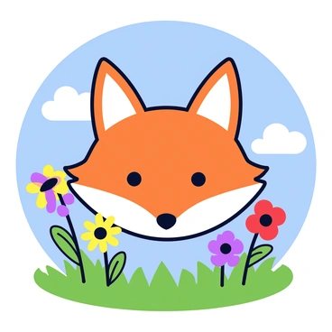 A fox face with bright orange fur and large, expressive eyes. The fox's ears are perked up, displaying a white inner fur. Surrounding the fox face are various colorful wildflowers, including yellow daisies, purple violets, and red poppies, all in full bloom. The background features a clear blue sky with a few fluffy white clouds, and the meadow grass is a vibrant green.