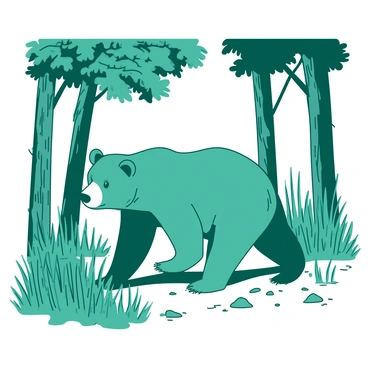 A teal bear with a calm expression is wandering through a white vintage forest. The bear is moving slowly, with its paws gently touching the tall green grasses that surround it. Tall trees with textured bark and lush leaves rise majestically around the bear, creating a sense of depth in the forest. Sunlight filters through the branches, casting patterns on the forest floor, highlighting the serene path the bear is taking.