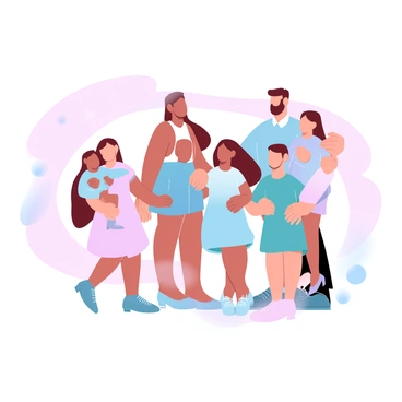 A family stands together for a photo, showcasing their coordinated outfits. The adults are wearing vibrant, playful dresses in various pastel colors, creating a cheerful appearance. The children are also dressed in similarly colorful garments, adding to the joyful atmosphere. Each member is positioned closely, with the adults slightly bending down to engage with the children. A large, soft-colored backdrop enhances the overall scene, creating a harmonious and vibrant image.