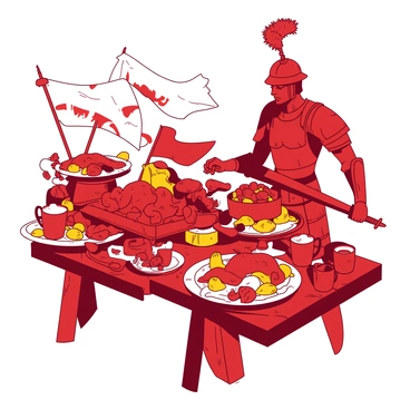 A red warrior with a strong build is standing beside a wooden table that is heavily laden with assorted food and drink. The table is adorned with large platters of roasted meats, colorful fruits, and a variety of loaves of bread. Beside the platters, there are mugs filled with a frothy yellow beverage. The warrior is dressed in armor, with a sword at his side, and is arranging the items with a focused expression. In the background, there are banners fluttering, creating a sense of preparation and camaraderie among the warriors who will join him in battle.