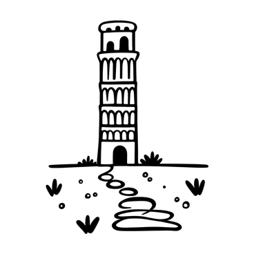 The "Leaning Tower of Pisa" is depicted with its distinct architectural features, showcasing the series of arched windows and columns along the sides. It is surrounded by grass, with a few scattered wildflowers in the foreground. The sky is clear and there are no clouds present, allowing the tower’s details to stand out prominently. A pathway leads up to the base of the tower, created from stones, enhancing the composition.