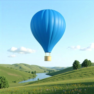 A large hydrogen-filled balloon with a vibrant blue fabric exterior and a light-colored basket hanging below. The balloon is floating high above a scenic landscape that includes rolling green hills, patches of colorful wildflowers, and a clear blue sky. Wisps of white clouds drift lazily across the horizon. Below, a winding river reflects the sunlight, and a small cluster of trees can be seen in the distance, adding depth to the picturesque view.