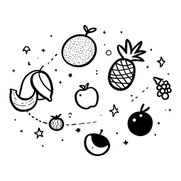 A solar system with eight planets, each shaped like a different fruit. The first planet resembles a large orange, with textured skin and a green stem on top. The second planet appears like a banana, curved and yellow, lying next to the orange planet. The third planet is a round watermelon, its green-striped exterior prominently displayed. The fourth planet resembles a towering pineapple, featuring its characteristic crown of spiky leaves. The fifth planet is shaped like a bright red apple, smooth and shiny, positioned at a distance from the others. The sixth planet looks like a cluster of grapes, small and purple, floating in space. The seventh planet is an exotic coconut, with its rough brown shell and a few coconut fronds. The eighth planet appears as a juicy peach, fuzzy and in a soft, blushing hue. Stars twinkle in the background of the scene, adding depth to the solar system.