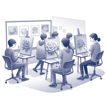 A classroom filled with several students actively engaged in a painting lesson. Each student is positioned at their easel, concentrating on their canvas. The students are painting various interpretations of "roses," showcasing a variety of styles and techniques. One student is using broad strokes to create a large, detailed rose, while another is applying fine lines to depict delicate petals. Some students are mixing paint on palettes, while others are applying color directly to the canvas. The room is decorated with art supplies, and the walls are adorned with other students' artwork, creating a vibrant and creative atmosphere.