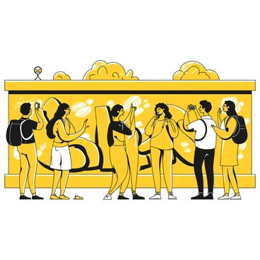 A section of the Berlin Wall covered in intricate graffiti artwork featuring bold designs and various patterns. A group of tourists stands in front of the wall, engaged in lively conversation while pointing at the art. One tourist is taking a photo with a camera, while another is sketching the wall in a notebook. The scene captures the details of the graffiti, along with the expressions of curiosity and admiration on the faces of the tourists.