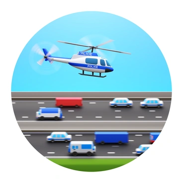 A police helicopter with rotor blades spinning, flying above a busy highway. The helicopter has a distinct police livery with blue and white colors. Below, vehicles of various types, including cars and trucks, are seen moving along the highway. The scene includes a clear blue sky overhead, allowing the helicopter to be prominently positioned in the image. Traffic signs and road markings are visible on the highway, adding to the sense of activity below.