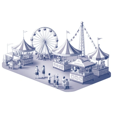 A fairground filled with various amusement rides under a bright sky. There are multiple carnival rides, including a Ferris wheel and carousel, showcasing intricate details. Food stalls are set up, displaying an array of treats such as popcorn, cotton candy, and hot dogs. Colorful banners stretch across the scene, flapping in the breeze, adding to the festive atmosphere. Groups of people are enjoying the fair, some laughing and others queuing for rides or food. The ground is covered with grass and pathways, making the scene vibrant and bustling.