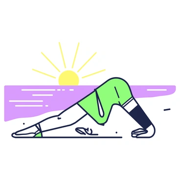 A silhouette of a person is positioned on a sandy beach, performing diamond push-ups. The individual is in a plank position, with their hands forming a diamond shape beneath their chest. The sunset in the background features a large, round sun close to the horizon, casting a wide beam of light. Shadows stretch across the sand, enhancing the outline of the figure. There are gentle waves lapping at the shore, and the silhouette contrasts against the glowing colors of the sunset sky, creating a striking visual.