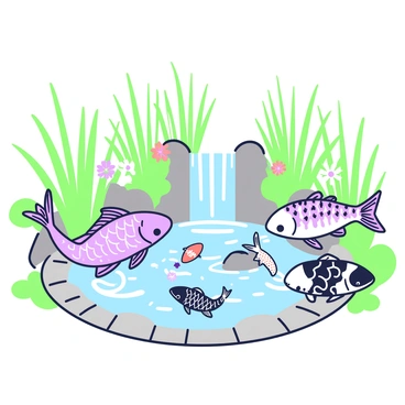 A group of koi fish is swimming gracefully near a small waterfall in a lush garden pond. The fish are varying in size, displaying intricate patterns on their scales. The pond is filled with clear water, reflecting the surrounding greenery. In the background, a small waterfall cascades over smooth rocks, creating gentle ripples in the pond. Tall green plants and colorful flowers frame the pond, enhancing the serene environment. A smooth stone path is visible leading to the pond, inviting viewers into the tranquil scene.