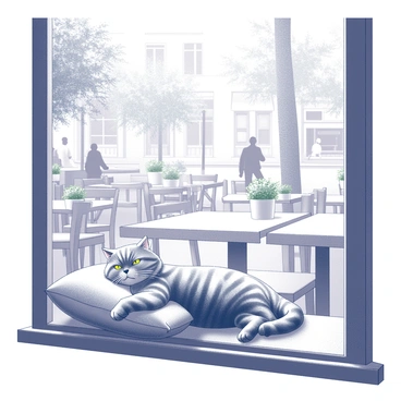 A cat lounging on a window seat in a café. The cat is a fluffy tabby with distinctive stripes, lying comfortably on a cushion. The window frame is decorated with small potted plants, and the café interior is populated with wooden tables and chairs. Outside, an inviting street scene is visible, featuring pedestrians walking by and trees lining the street. Sunlight filters through the window, casting soft shadows inside the café.