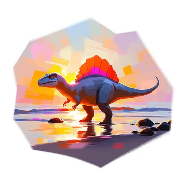 A spinosaurus with a large sail on its back stands at the water's edge, its powerful legs partially submerged in the shallow water. The creature is depicted in silhouette, highlighted against a vibrant sunrise featuring hues of orange, pink, and yellow radiating across the sky. The water reflects the colorful light, creating a shimmering effect on the surface. Soft waves lap gently at the shore, while a few scattered rocks line the bank, completing the tranquil scene.