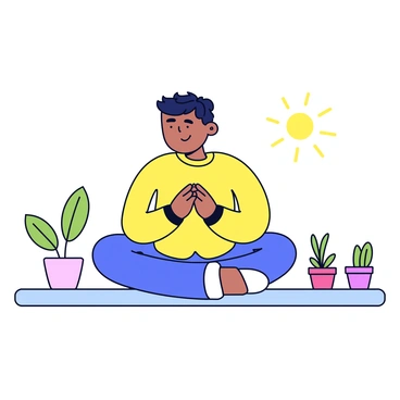 An individual sitting cross-legged on a flat surface, wearing comfortable, loose-fitting clothing. The person has a calm expression and closed eyes, with hands resting gently on their knees. Surrounding the individual are simple, minimalist elements, such as a few small plants in pots and a softly glowing light source nearby. The focus is on the individual, creating a peaceful atmosphere that emphasizes the act of meditation.