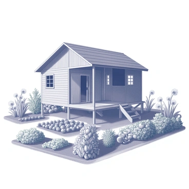 A bahay kubo, a traditional Filipino house on stilts, is prominently featured in the foreground. The structure has a triangular thatched roof, wooden walls with open windows, and a carved entryway. Surrounding the house, there is a vibrant garden filled with an array of flowers and vegetables. The flowers are in full bloom, showcasing various shapes and sizes, while the vegetable plants are lush and green, indicating a rich harvest. There are neatly arranged rows of vegetables, including leafy greens, tomatoes, and peppers, providing a sense of abundance. The entire scene is set against a clear sky, highlighting the rural charm and agricultural beauty of the landscape.