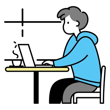 A young student with short brown hair is sitting at a round wooden cafe table. The student is wearing a blue hoodie and dark jeans, focused on a laptop in front of them. Next to the laptop, there is a steaming cup of coffee with a white saucer. The cafe has a cozy atmosphere, with soft lighting and a window showing a glimpse of the street outside.