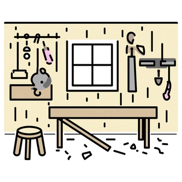 A small woodworking workshop with wooden walls and a light brown workbench in the center. Various tools are hanging neatly on the walls, including a saw, a hammer, and multiple chisels. A wooden stool sits beside the workbench. The floor is made of aged wooden planks, and there are shavings scattered around the workbench, indicating recent work. A window allows natural light to stream into the space, illuminating the tools and work area.