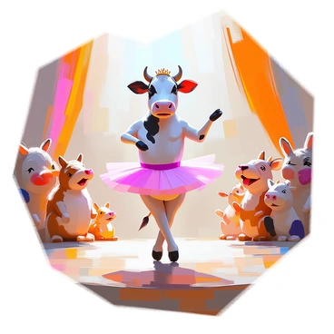 A cow with black and white patches wearing a bright pink tutu stands gracefully on its hind legs, showcasing a ballet pose on a wooden stage. The cow is adorned with a small tiara atop its head, and it has a concentrated expression, highlighting its commitment to the dance. The stage is illuminated with soft spotlights, casting a warm glow that enhances the playful atmosphere. In the background, there are colorful curtains drawn back, revealing a cheering audience made up of various animals enjoying the performance.