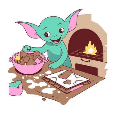 A teal house-elf with large ears is happily baking cookies in a cozy kitchen. The elf is standing on a wooden table, covered in a dusting of white flour. Around Dobby, there are various colorful cookie cutters in different shapes scattered about, including stars and hearts. A mixing bowl filled with cookie dough sits to the side, and a warm oven is visible in the background, emitting a soft, inviting glow. A few freshly baked cookies, still warm, are arranged on a cooling rack nearby.