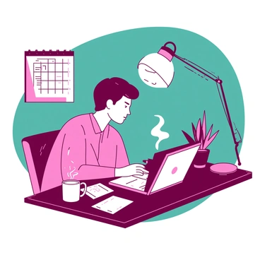 A pink freelancer is sitting at a wooden desk late at night, illuminated by the soft glow of a white desk lamp. The individual is focused on a white laptop, which displays lines of code. A few scattered papers and a steaming white coffee mug are positioned next to the laptop on the desk. The background shows a teal wall with a calendar and a clock, indicating the late hour. A small potted plant sits in the corner, adding a touch of greenery to the workspace. Shadows play across the room, creating a contrast between light and dark.