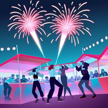 A lively festival scene filled with excited crowds gathered in a vibrant outdoor space. Colorful stalls are set up around the area, adorned with glowing lights and decorative banners. People of various ages and backgrounds are enjoying the festivities, some dancing, while others are seated at tables with food and drinks. In the sky above, fireworks shaped like fireballs burst into brilliant colors, illuminating the night with fiery reds, oranges, and yellows. The expressions of joy and amazement are visible on the faces of the spectators as they gaze upward, captivated by the spectacular display.