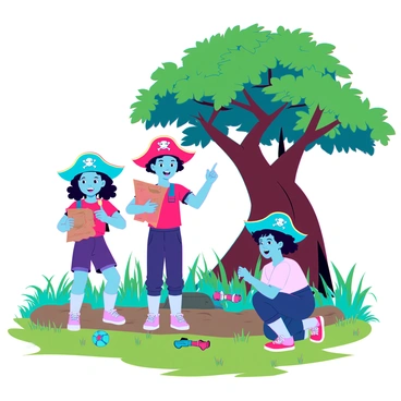A group of three children with different skin tones is donning colorful pirate hats. They are gathered in a backyard filled with green grass and scattered toys. One child is holding an old, tattered treasure map, studying it intently. Another child is pointing excitedly towards a large oak tree, while the third child is crouching down, looking for clues in the dirt. The sun is shining brightly, casting soft shadows on the ground, and a sense of adventure fills the air as they embark on their treasure hunt.