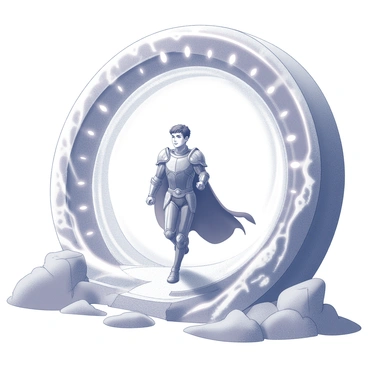A heroic figure steps through a swirling magical portal. The portal is composed of intricate patterns and glowing designs, suggesting a transition to another realm. The hero is clad in detailed armor, with a determined expression on their face. Their cape billows behind them as they take a confident stride forward. Surrounding the portal, the landscape appears to shift and distort, indicating the presence of an unknown and mysterious environment beyond.