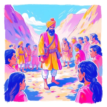 Gabbar Singh stands prominently in a rugged landscape, his intense gaze surveying a chaotic scene around him. He is dressed in a traditional attire with a vibrant turban and a bandolier slung across his chest. In the foreground, various villagers appear distressed, showcasing a mix of emotions including fear and uncertainty. Behind him, a group of his followers looks to him for guidance, reflecting determination and loyalty. The background reveals a rocky terrain with dust swirling in the air, hinting at a recent confrontation. Flashes of tension are palpable as Gabbar Singh prepares to confront the unexpected challenges ahead, embodying strong leadership amidst turmoil.