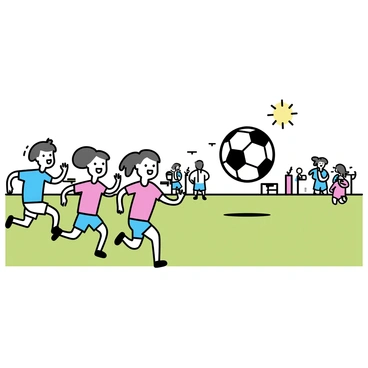 A soccer field with two teams of players in colorful jerseys, running energetically. One team is wearing red jerseys, while the other team wears blue jerseys. In the center of the field, there is a giant inflatable soccer ball, significantly larger than the players. The players are laughing and reaching out towards the oversized ball, creating a dynamic scene of movement. The grass is bright green, and the sun is shining down on the field. Spectators can be seen in the background, some cheering and others capturing the moment with their phones.