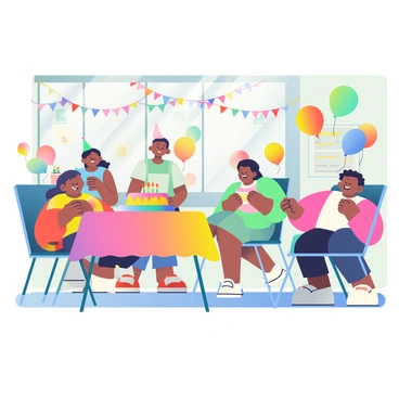 A classroom is filled with colorful balloons of various sizes and shapes floating near the ceiling. The walls are decorated with streamers and posters celebrating the end of the school year. In the center, a group of children with diverse appearances are laughing and playing. Some are wearing party hats, while others are holding snacks and drinks. A large table is covered with a colorful tablecloth and filled with a cake decorated with bright frosting and candles. Sunlight streams in through the windows, illuminating the joyful scene.