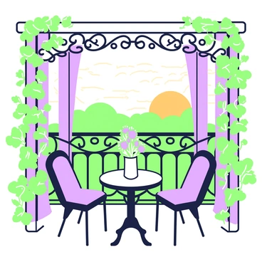 A picturesque balcony features ornate wrought iron railings designed in the art nouveau style. The balcony is adorned with climbing plants, creating a lush and vibrant atmosphere. In the foreground, a small round table is set with two chairs, inviting relaxation. On the table, there is a vase holding fresh flowers. The scene captures the view beyond, where the sun is setting, casting a warm glow across the sky and illuminating the landscape below.