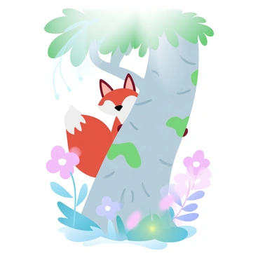 A fox with bright orange fur is peeking out from behind a tree trunk. The fox's ears are perked up, and its bushy tail wraps around the tree. The bark of the tree is textured, with patches of green moss. Surrounding the tree are various colorful wildflowers in a gradient of pastel colors, creating a lively atmosphere. Sunlight filters through the leaves above, casting soft shadows on the ground.