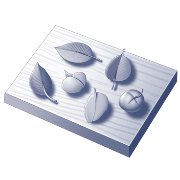 A collection of seven leaves with distinct shapes and sizes arranged on a wooden table. Each leaf showcases a different texture and form, including elongated, rounded, and lobed designs. The table has visible wood grain, adding depth and character to the scene. Soft shadows are cast beneath the leaves, emphasizing their individual profiles and the natural beauty of their forms.