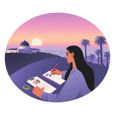 An illustrator is positioned at Griffith Observatory, focusing on the vibrant colors of a Los Angeles sunset. The sky is filled with shades of orange, pink, and purple, blending seamlessly as the sun descends towards the horizon. In the foreground, the observatory is silhouetted against the colorful sky, showcasing its distinctive dome and architectural details. Below, the city of Los Angeles stretches out, with twinkling lights beginning to appear as dusk settles in. The illustrator is using a sketchpad, capturing the scene with visible strokes of color from their paint palette. There are palm trees in the foreground, adding to the characteristic landscape of Los Angeles.
