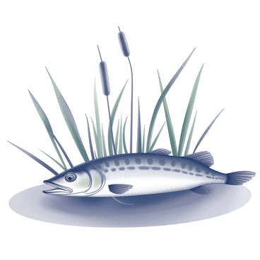 A pike fish partially concealed among tall cattails. The fish's elongated body is sleek and streamlined, showcasing its distinct patterns. The cattails rise prominently from the water's edge, their long green stems swaying gently. The surface of the lake reflects the surrounding environment, creating a sense of depth. The composition captures the natural habitat, emphasizing the connection between the fish and the lush vegetation.